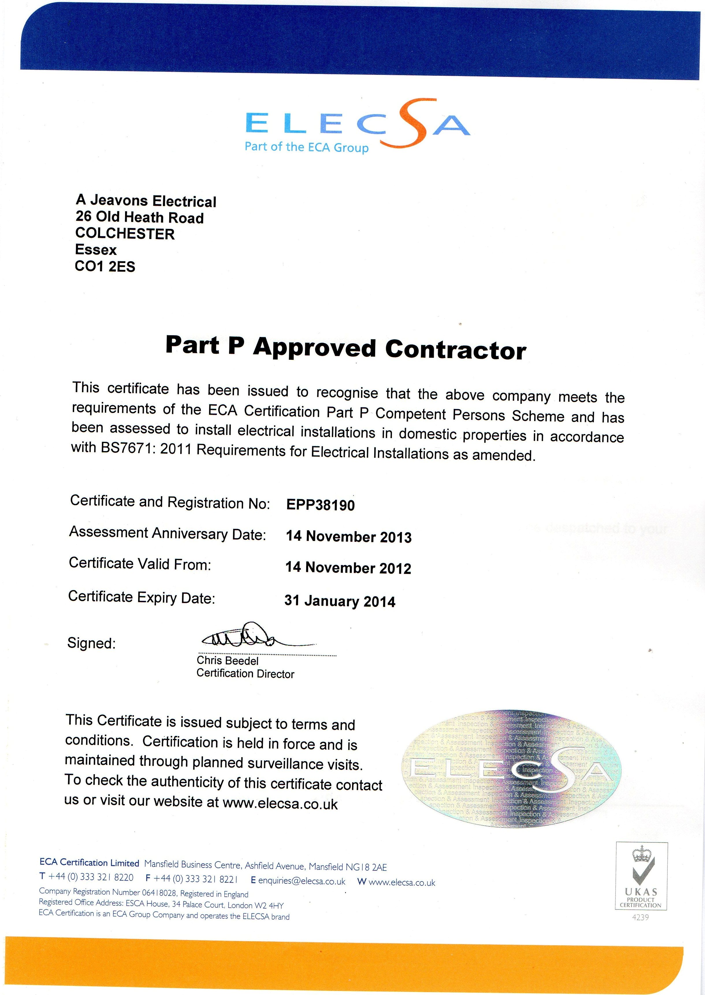 Part P Certificate >> A Jeavons Electrical Of Colchester Installation And Service Part P Certificate >> A Jeavons Electrical Of Colchester Installation And Service
